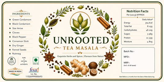 Unrooted Premium Tea Masala | Authentic Indian Chai Spice Blend | All Natural Whole Spices | No Artificial Colors or Preservatives | Aromatic Masala for Tea | 100 gm