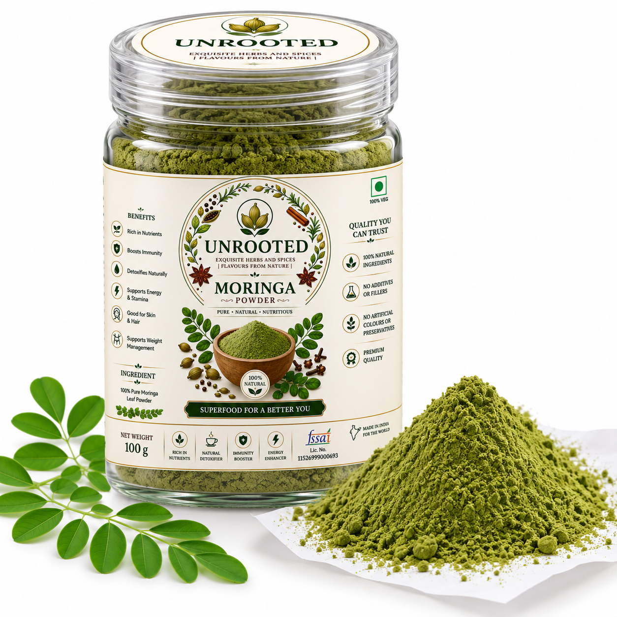 Unrooted Moringa Powder | Super Food | Rich in Natural Minerals & Vitamins | Drumstick Leaf Powder