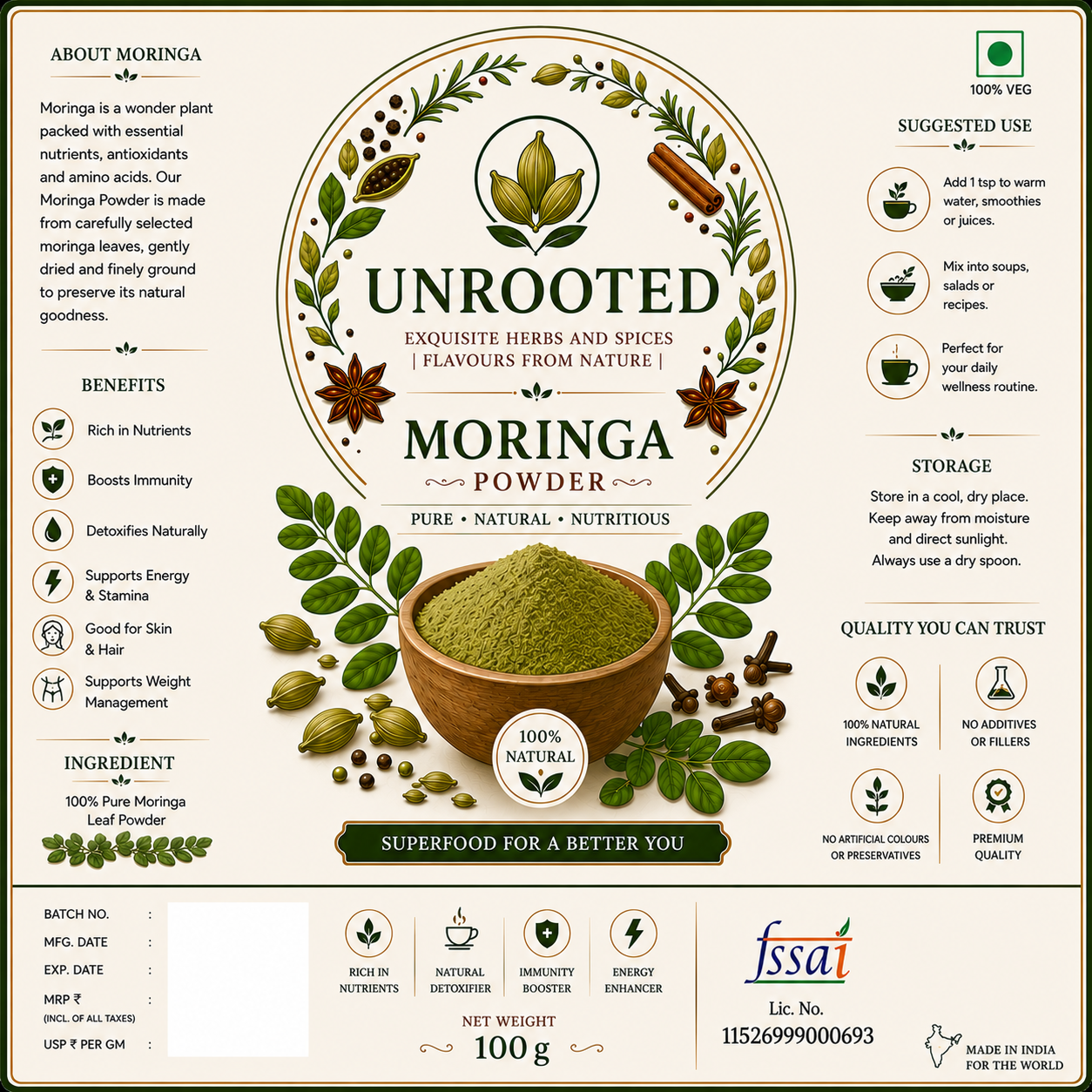 Unrooted Moringa Powder | Super Food | Rich in Natural Minerals & Vitamins | Drumstick Leaf Powder