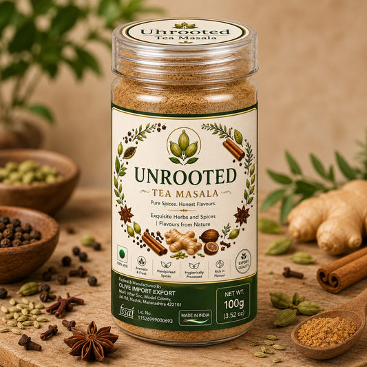 Unrooted Premium Tea Masala | Authentic Indian Chai Spice Blend | All Natural Whole Spices | No Artificial Colors or Preservatives | Aromatic Masala for Tea | 100 gm
