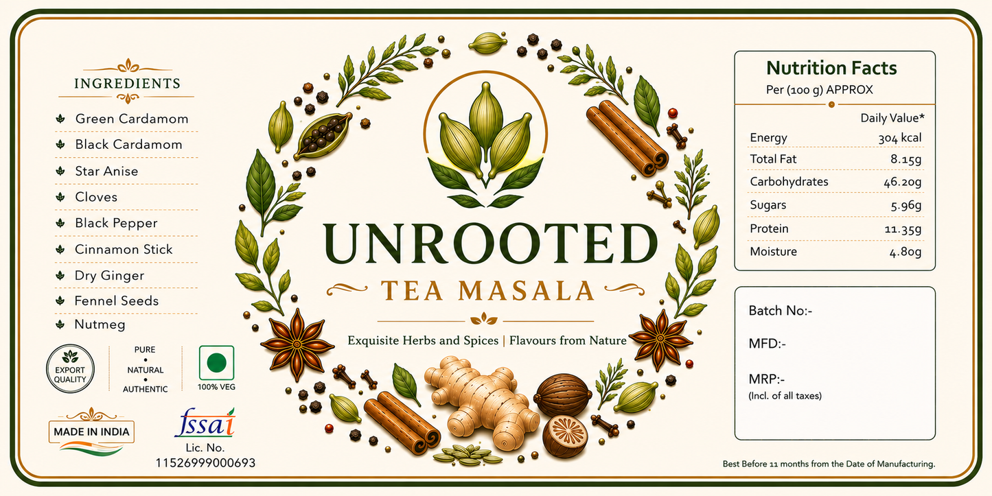 Unrooted Premium Tea Masala | Authentic Indian Chai Spice Blend | All Natural Whole Spices | No Artificial Colors or Preservatives | Aromatic Masala for Tea | 100 gm