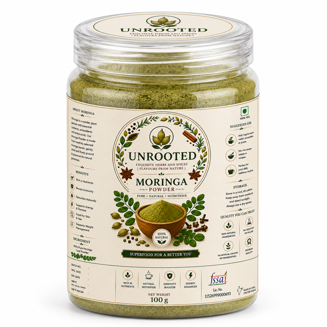 Unrooted Moringa Powder | Super Food | Rich in Natural Minerals & Vitamins | Drumstick Leaf Powder